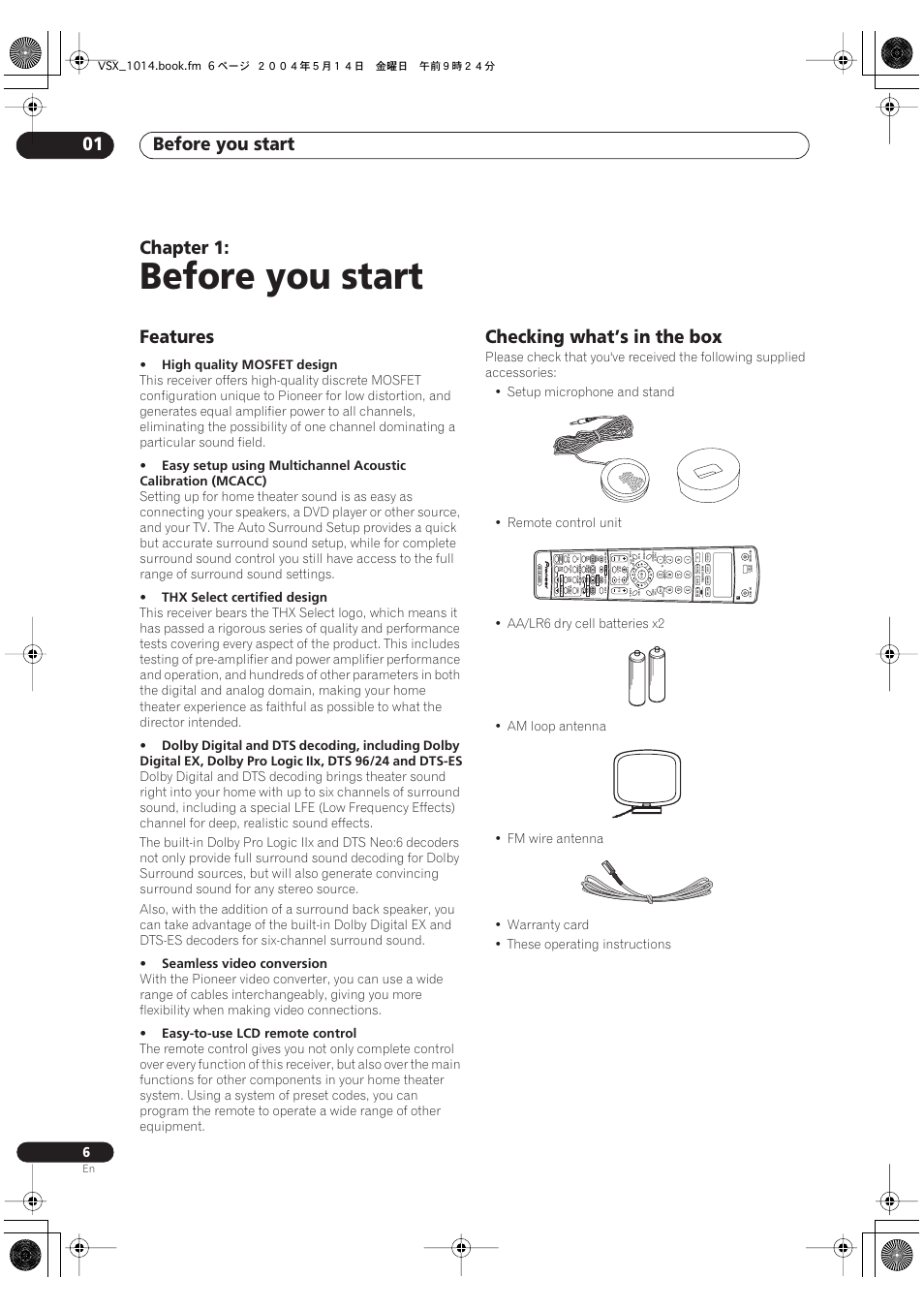 01 before you start, Features checking what’s in the box, Before you start | Before you start 01, Chapter 1, Features, Checking what’s in the box, High quality mosfet design, Thx select certified design, Seamless video conversion | Pioneer VSX-1014TX User Manual | Page 6 / 75