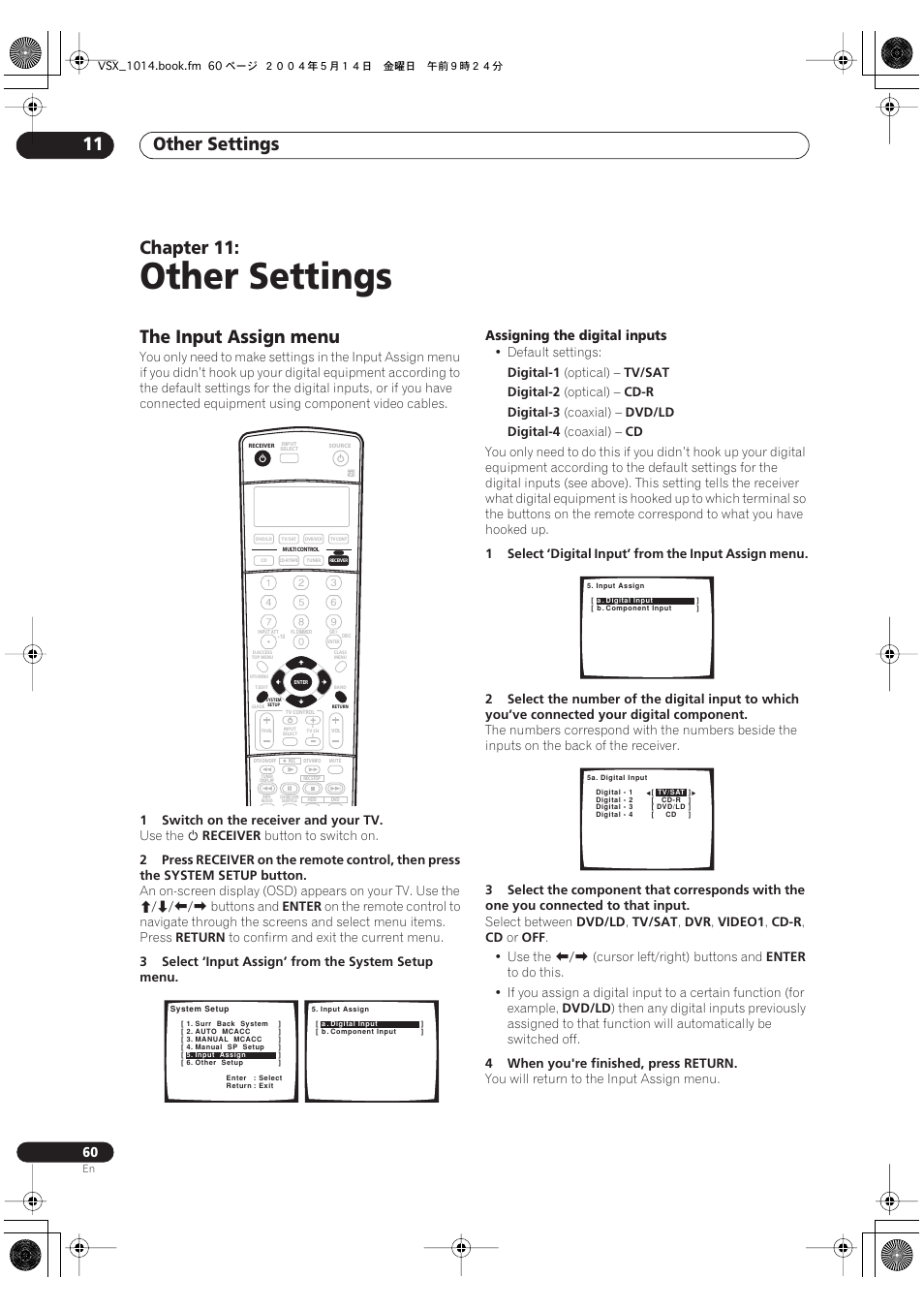 11 other settings, The input assign menu, Other settings | Other settings 11, Chapter 11 | Pioneer VSX-1014TX User Manual | Page 60 / 75