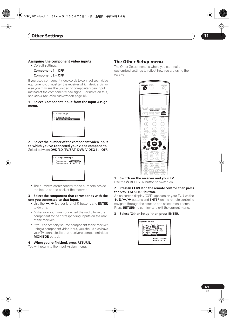 The other setup menu, Other settings 11, Assigning the component video inputs | Pioneer VSX-1014TX User Manual | Page 61 / 75