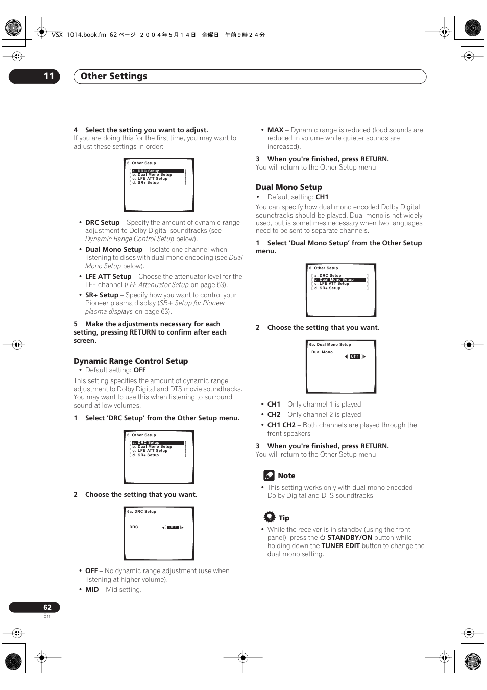 Dynamic range control setup dual mono setup, Other settings 11, Dynamic range control setup | Dual mono setup | Pioneer VSX-1014TX User Manual | Page 62 / 75