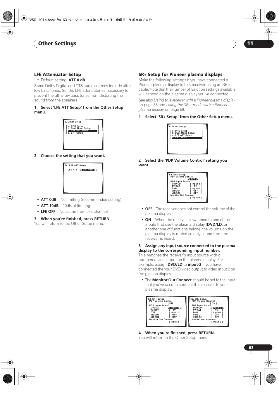 Other settings 11, Lfe attenuator setup, Sr+ setup for pioneer plasma displays | Pioneer VSX-1014TX User Manual | Page 63 / 75