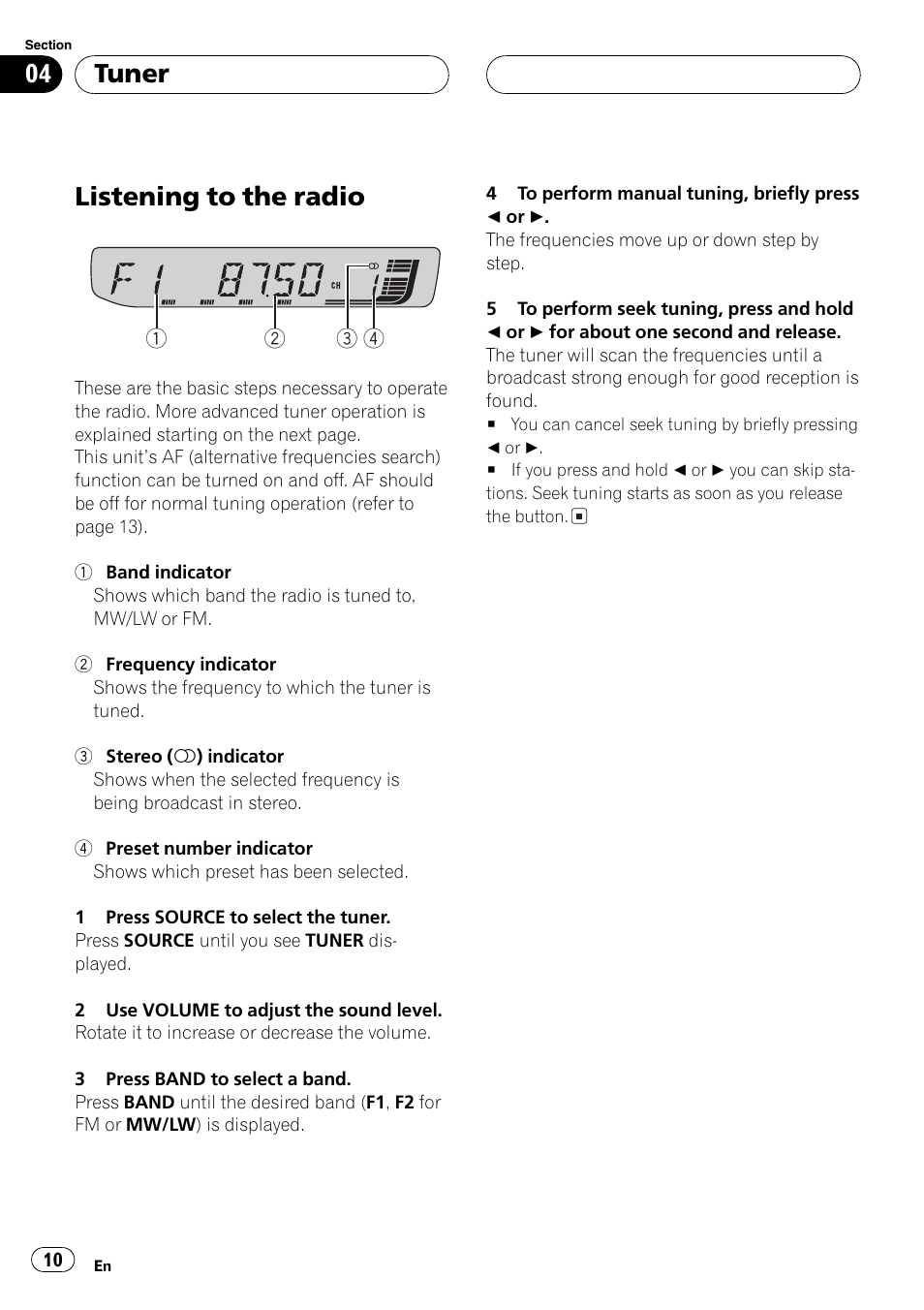 Tuner listening to the radio 10, Listening to the radio, Tuner | Pioneer DEH-30MP User Manual | Page 10 / 88