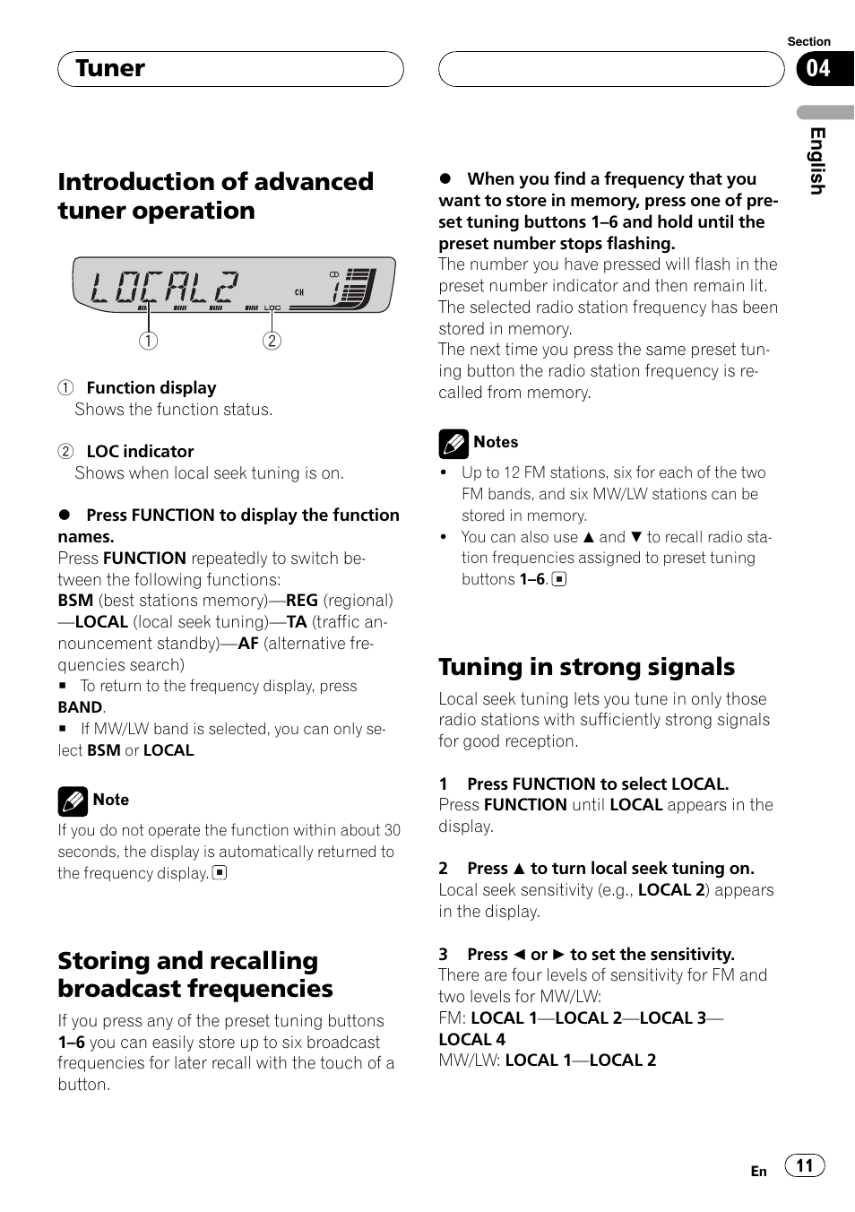 Introduction of advanced tuner, Operation 11, Storing and recalling broadcast | Frequencies 11, Tuning in strong signals 11, Introduction of advanced tuner operation, Storing andrecalling broadcast frequencies, Tuning in strong signals, Tuner | Pioneer DEH-30MP User Manual | Page 11 / 88