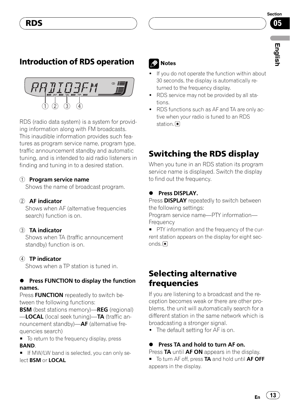 Introduction of rds operation, Switching the rds display, Selecting alternative frequencies | Pioneer DEH-30MP User Manual | Page 13 / 88