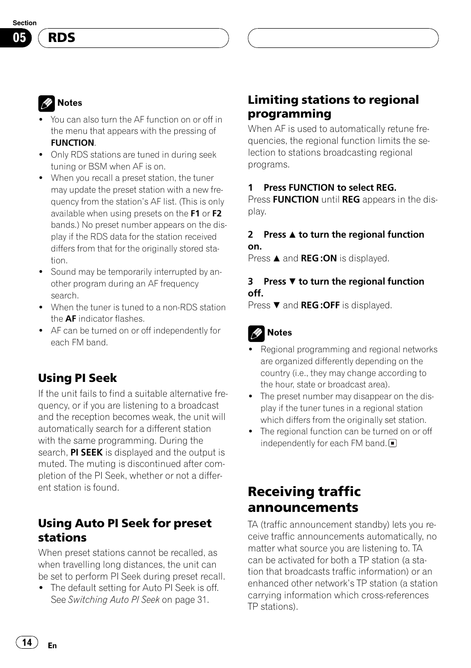 Using pi seek 14, Using auto pi seek for preset, Stations 14 | Limiting stations to regional, Programming 14, Receiving traffic announcements 14, Receiving traffic announcements, Using pi seek, Using auto pi seek for preset stations, Limiting stations to regional programming | Pioneer DEH-30MP User Manual | Page 14 / 88