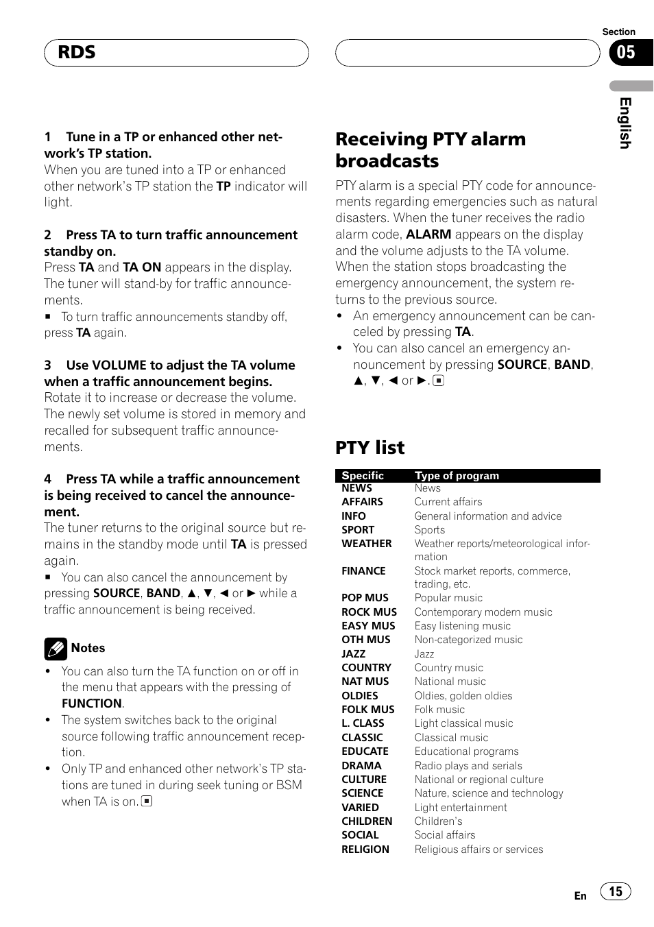 Receiving pty alarm broadcasts 15 pty list 15, Receiving pty alarm broadcasts, Pty list | English | Pioneer DEH-30MP User Manual | Page 15 / 88