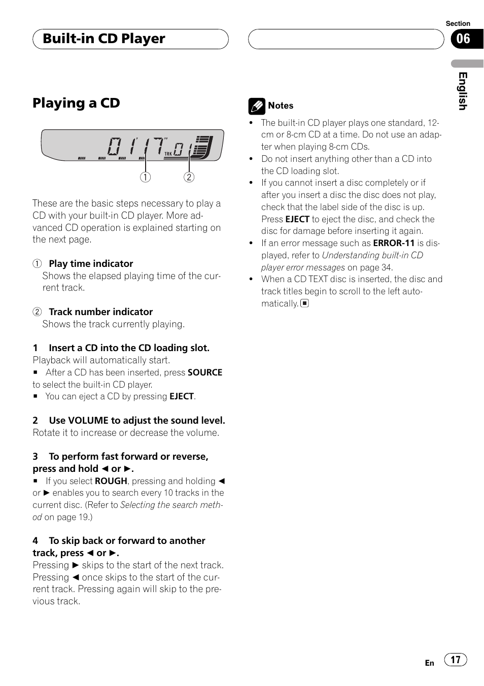 Built-in cd player playing a cd 17, Playing a cd, Built-in cd player | Pioneer DEH-30MP User Manual | Page 17 / 88