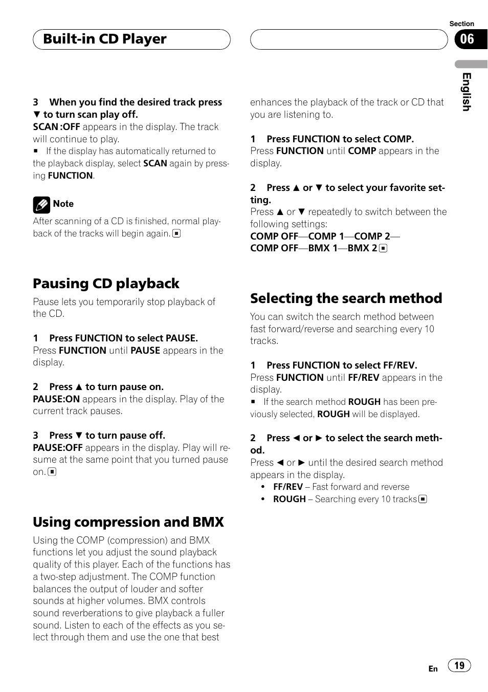 Pausing cd playback, Using compression andbmx, Selecting the search method | Built-in cd player | Pioneer DEH-30MP User Manual | Page 19 / 88