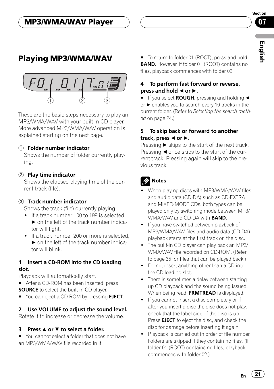 Mp3/wma/wav player playing mp3/wma/wav 21, Playing mp3/wma/wav, Mp3/wma/wav player | Pioneer DEH-30MP User Manual | Page 21 / 88