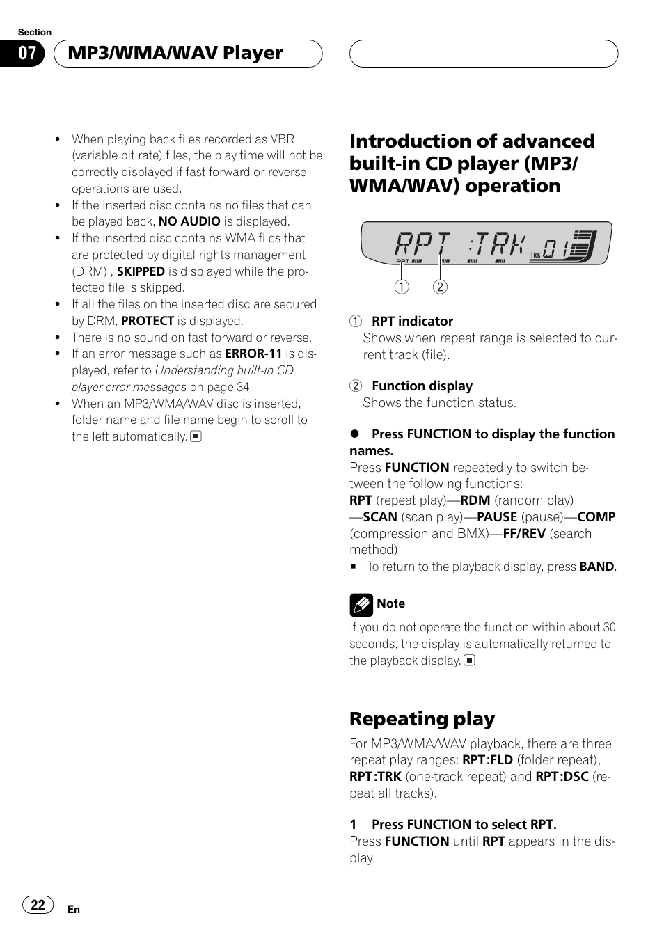 Introduction of advanced built-in cd player, Mp3/wma/wav) operation 22, Repeating play 22 | Repeating play, Mp3/wma/wav player | Pioneer DEH-30MP User Manual | Page 22 / 88