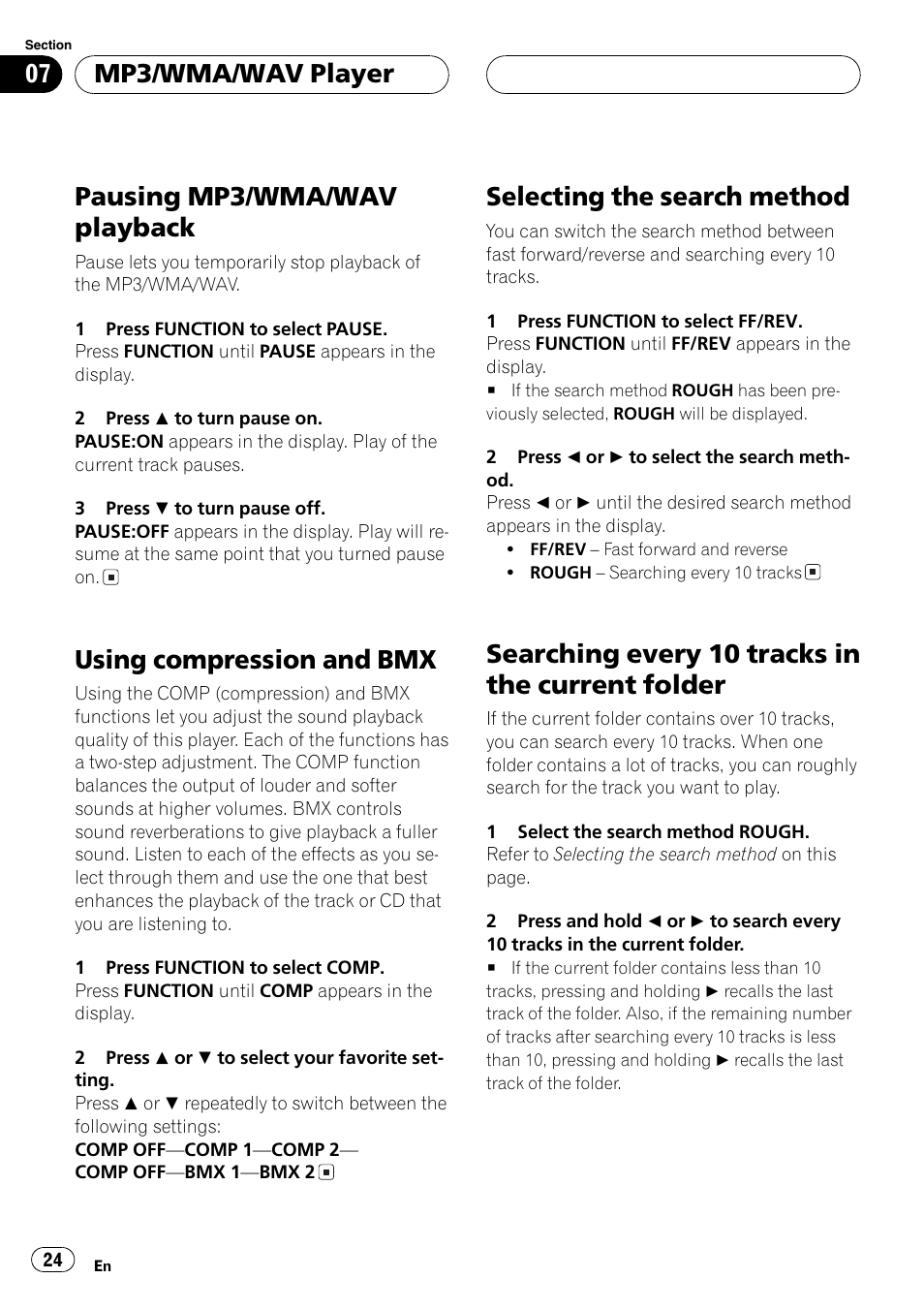 Folder 24, Pausing mp3/wma/wav playback, Using compression andbmx | Selecting the search method, Searching every 10 tracks in the current folder, Mp3/wma/wav player | Pioneer DEH-30MP User Manual | Page 24 / 88