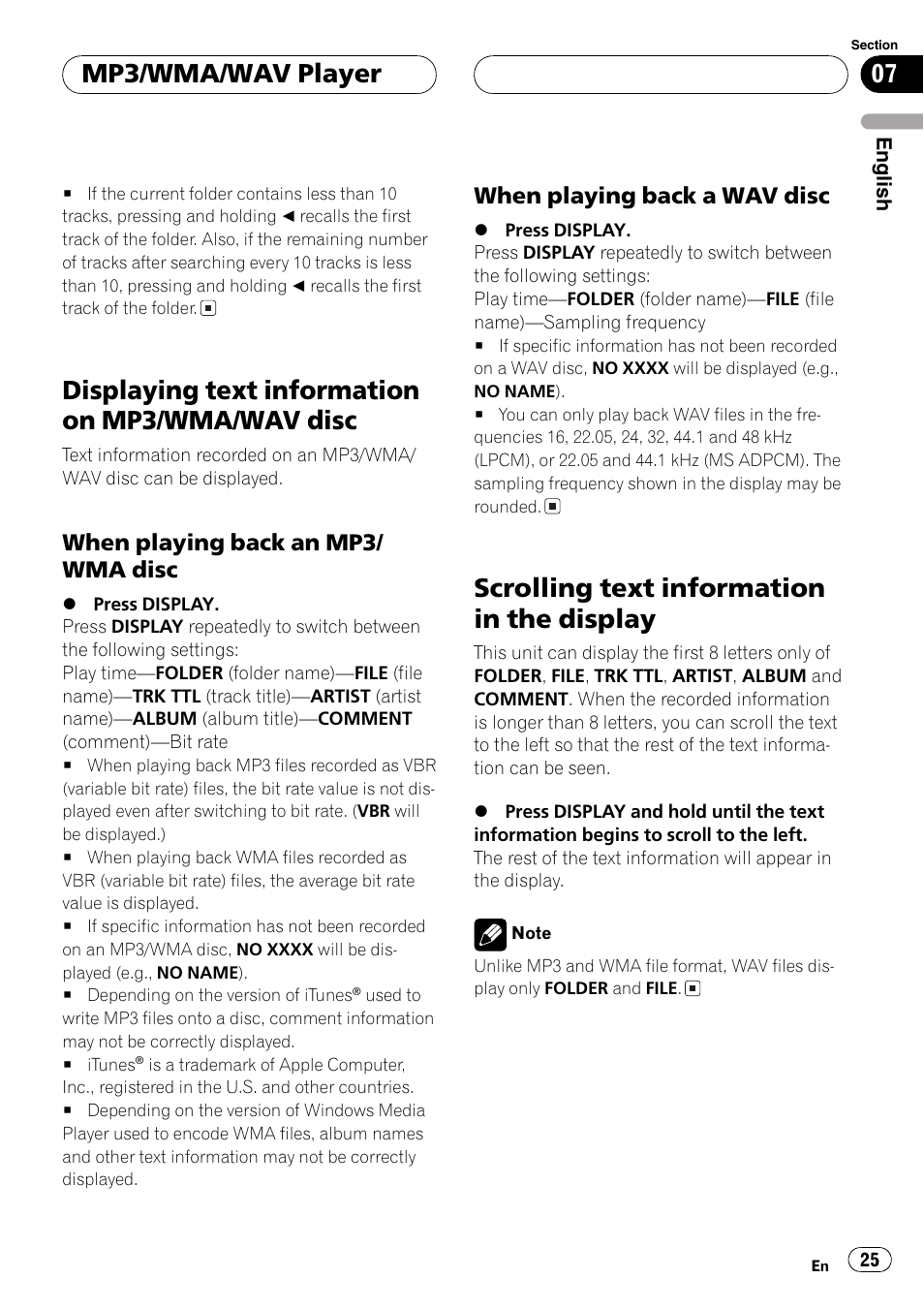 Displaying text information on mp3/wma, Wav disc 25, When playing back an mp3/wma | Disc 25, When playing back a wav disc 25, Scrolling text information in the display 25, Displaying text information on mp3/wma/wav disc, Scrolling text information in the display, Mp3/wma/wav player | Pioneer DEH-30MP User Manual | Page 25 / 88