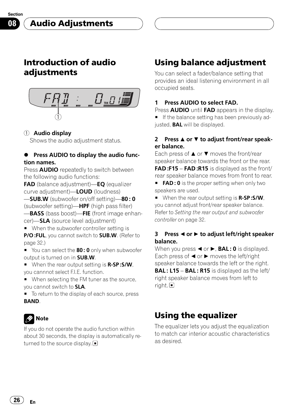 Introduction of audio adjustments, Using balance adjustment, Using the equalizer | Audio adjustments | Pioneer DEH-30MP User Manual | Page 26 / 88