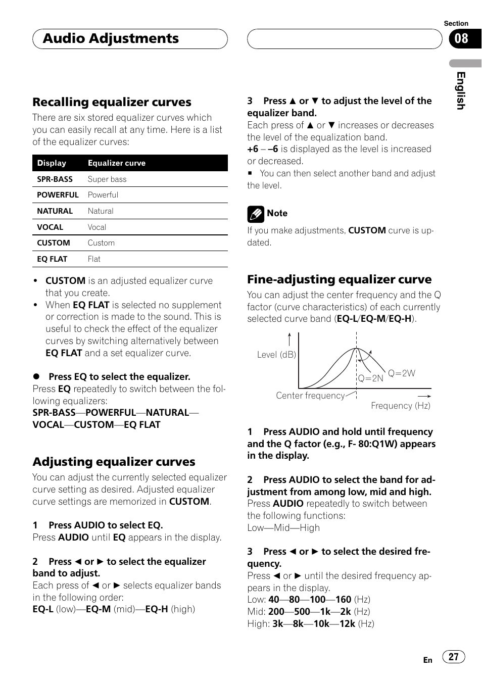 Recalling equalizer curves 27, Adjusting equalizer curves 27, Fine-adjusting equalizer curve 27 | Audio adjustments, Recalling equalizer curves, Adjusting equalizer curves, Fine-adjusting equalizer curve | Pioneer DEH-30MP User Manual | Page 27 / 88