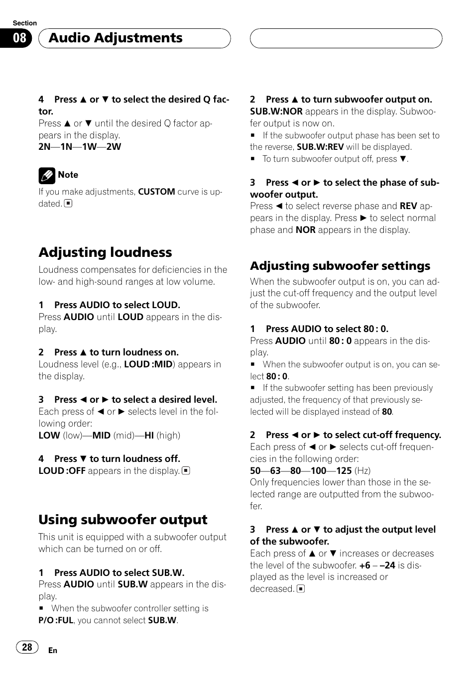 Adjusting loudness 28 using subwoofer output 28, Adjusting subwoofer settings 28, Adjusting loudness | Using subwoofer output, Audio adjustments, Adjusting subwoofer settings | Pioneer DEH-30MP User Manual | Page 28 / 88
