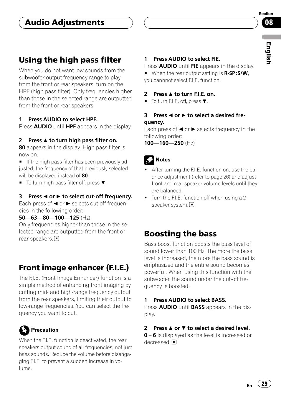 Using the high pass filter, Front image enhancer (f.i.e.), Boosting the bass | Audio adjustments | Pioneer DEH-30MP User Manual | Page 29 / 88