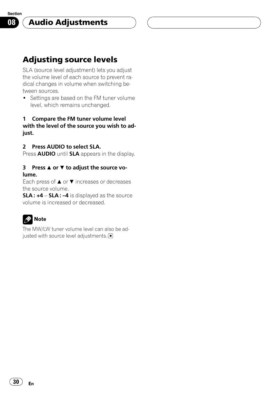 Adjusting source levels 30, Adjusting source levels, Audio adjustments | Pioneer DEH-30MP User Manual | Page 30 / 88