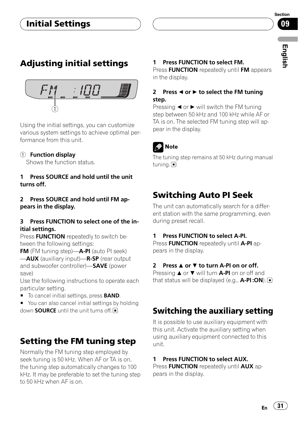 Adjusting initial settings, Setting the fm tuning step, Switching auto pi seek | Switching the auxiliary setting, Initial settings | Pioneer DEH-30MP User Manual | Page 31 / 88