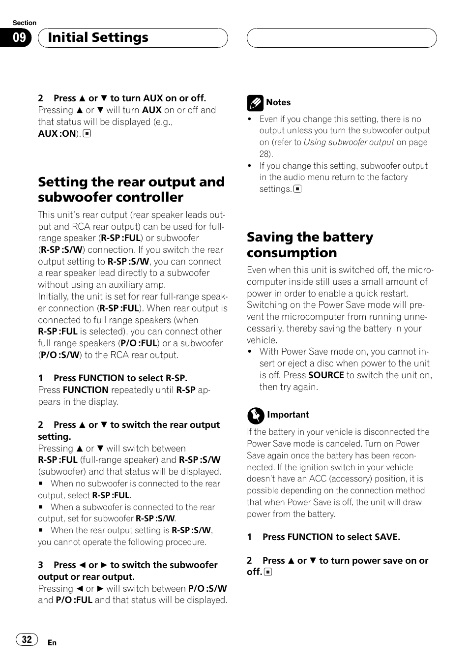 Setting the rear output and subwoofer, Controller 32, Saving the battery consumption 32 | Setting the rear output and subwoofer controller, Saving the battery consumption, Initial settings | Pioneer DEH-30MP User Manual | Page 32 / 88