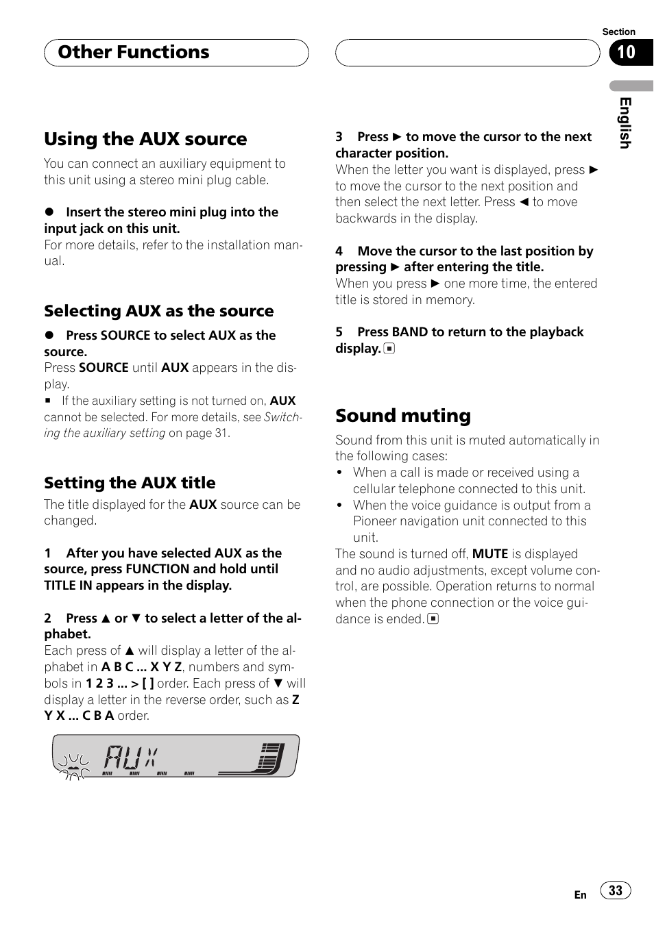 Other functions using the aux source 33, Selecting aux as the source 33, Setting the aux title 33 | Sound muting 33, Using the aux source, Soundmuting, Other functions | Pioneer DEH-30MP User Manual | Page 33 / 88