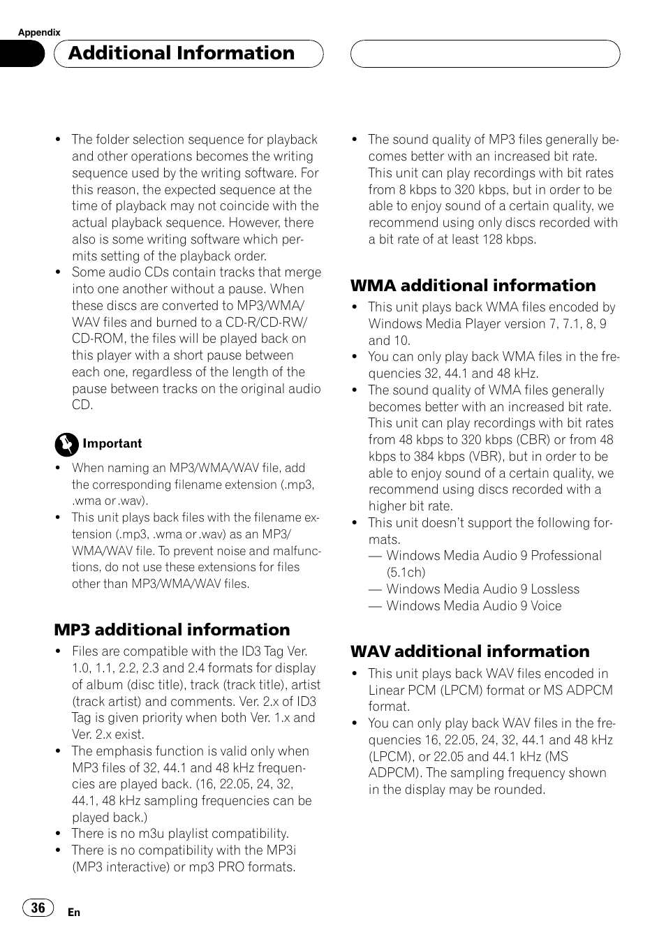 Mp3 additional information 36, Wma additional information 36, Wav additional information 36 | Additional information, Mp3 additional information, Wma additional information, Wav additional information | Pioneer DEH-30MP User Manual | Page 36 / 88