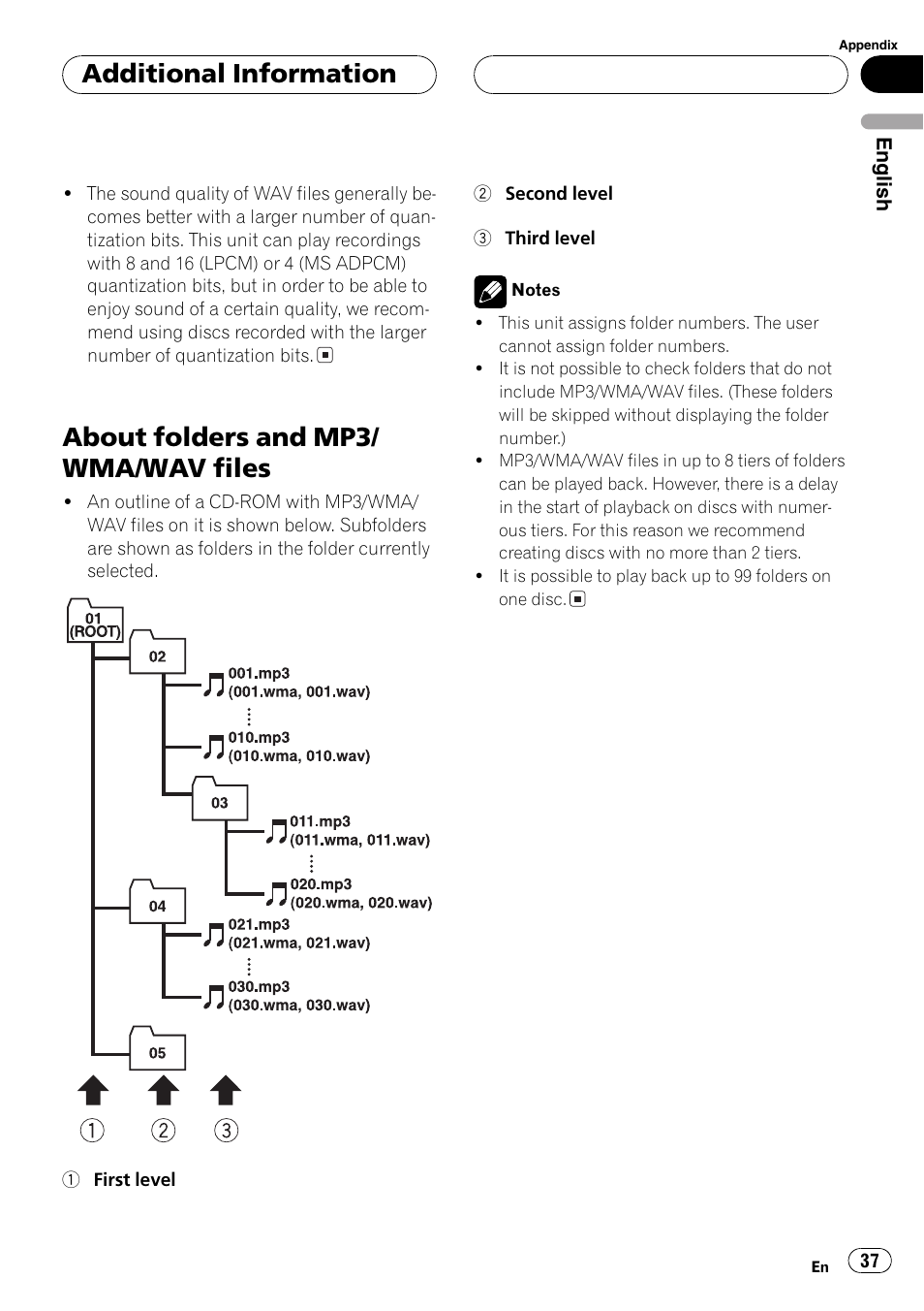 About folders and mp3/wma/wav files 37, About folders and mp3/ wma/wav files, Additional information | Pioneer DEH-30MP User Manual | Page 37 / 88