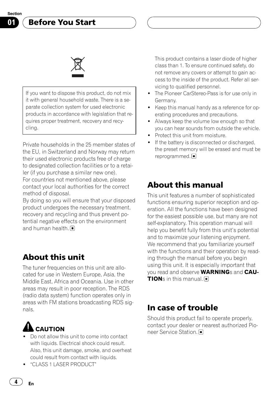 About this unit, About this manual, Before you start | Pioneer DEH-30MP User Manual | Page 4 / 88