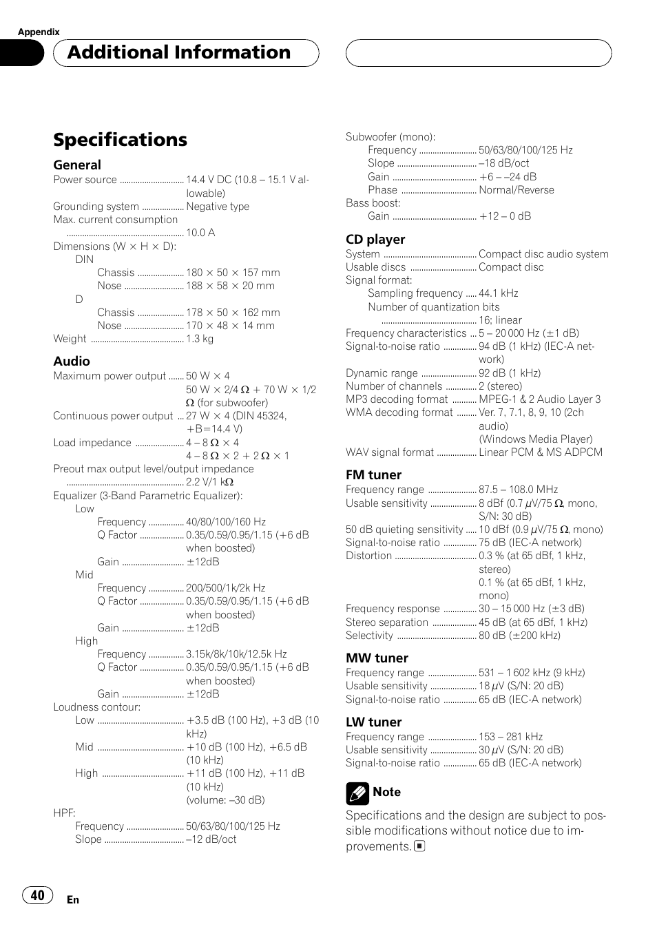 Specifications 40, Specifications, Additional information | Pioneer DEH-30MP User Manual | Page 40 / 88