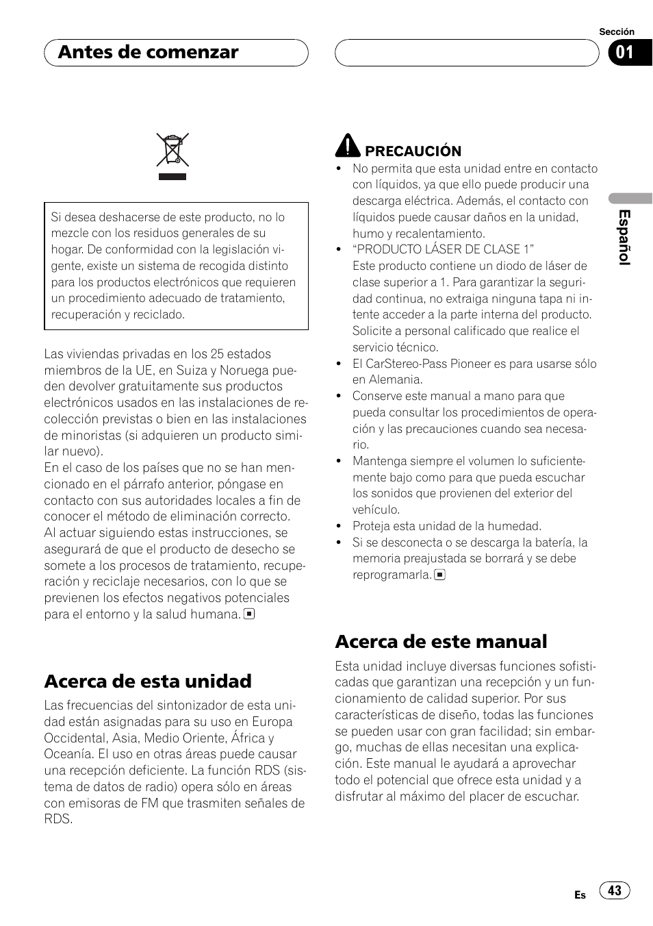 Antes de comenzar acerca de esta unidad 43, Acerca de este manual 43, Acerca de esta unidad | Acerca de este manual, Antes de comenzar | Pioneer DEH-30MP User Manual | Page 43 / 88