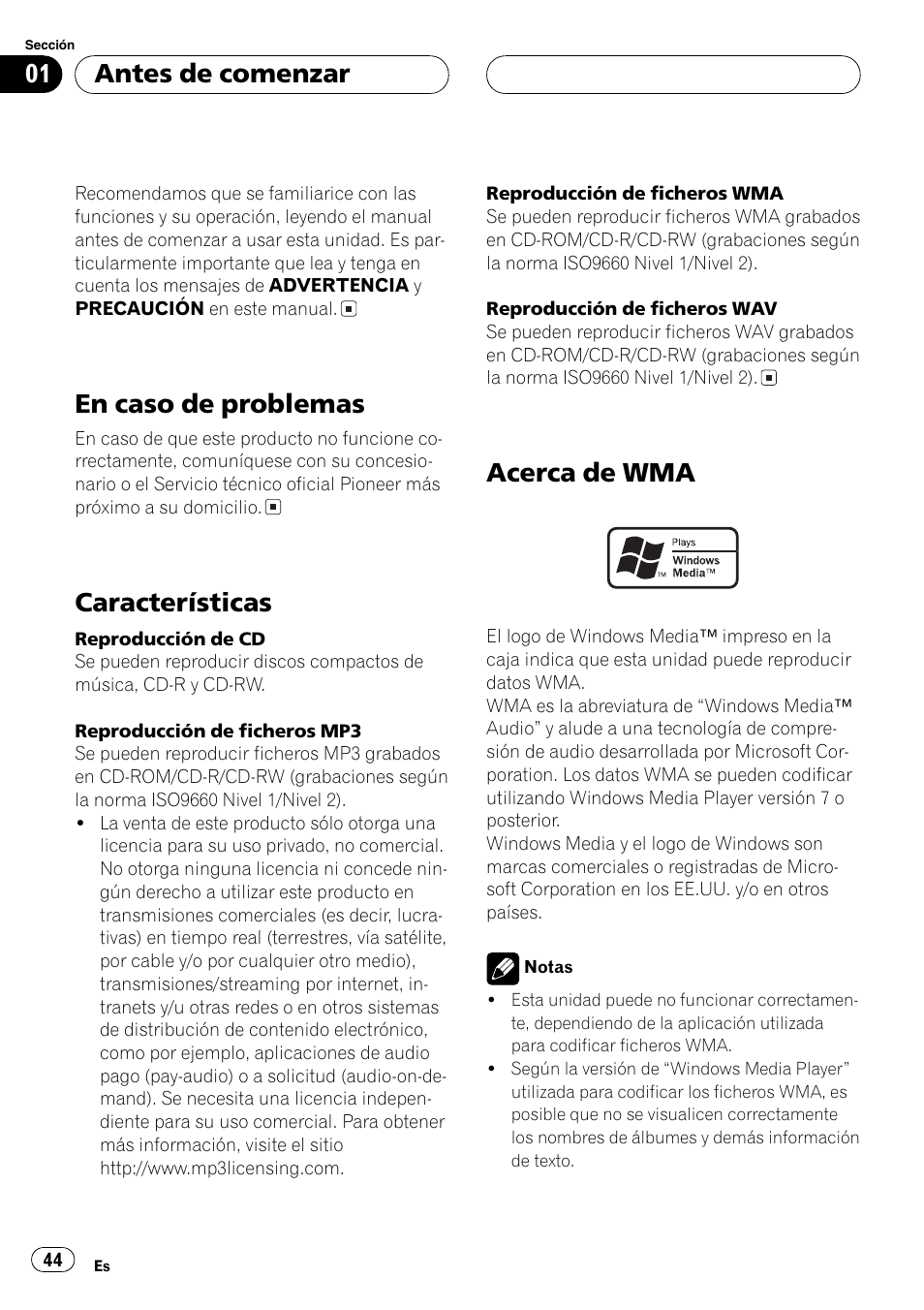 En caso de problemas 44, Características 44, Acerca de wma 44 | En caso de problemas, Características, Acerca de wma, Antes de comenzar | Pioneer DEH-30MP User Manual | Page 44 / 88