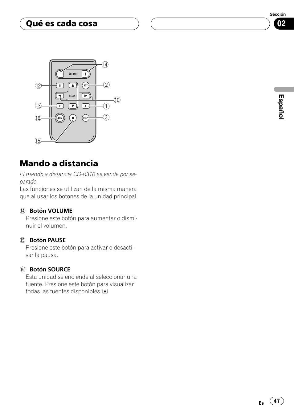 Mando a distancia 47, Mando a distancia, Qué es cada cosa | Pioneer DEH-30MP User Manual | Page 47 / 88