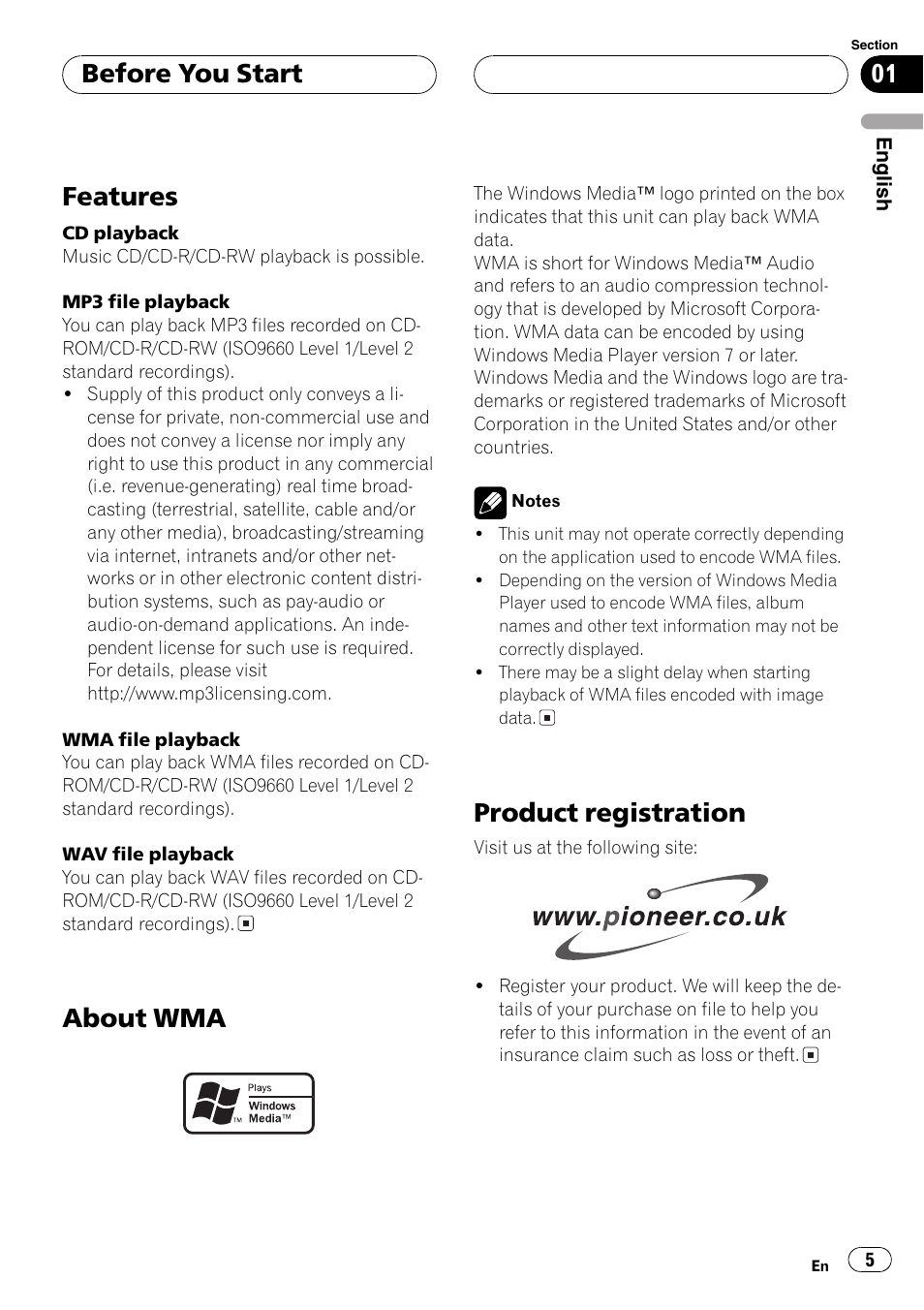 Features 5 about wma 5 product registration 5, Features, About wma | Product registration, Before you start | Pioneer DEH-30MP User Manual | Page 5 / 88