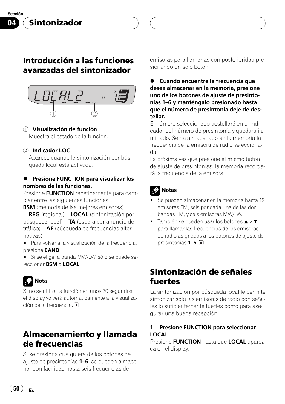 Introducción a las funciones avanzadas del, Sintonizador 50, Almacenamiento y llamada de | Frecuencias 50, Sintonización de señales fuertes 50, Almacenamiento y llamada de frecuencias, Sintonización de señales fuertes, Sintonizador | Pioneer DEH-30MP User Manual | Page 50 / 88