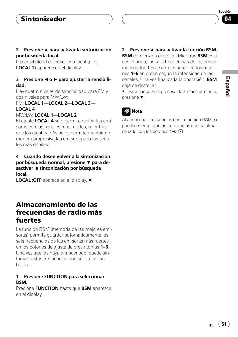 Almacenamiento de las frecuencias de radio, Más fuertes 51, Sintonizador | Pioneer DEH-30MP User Manual | Page 51 / 88