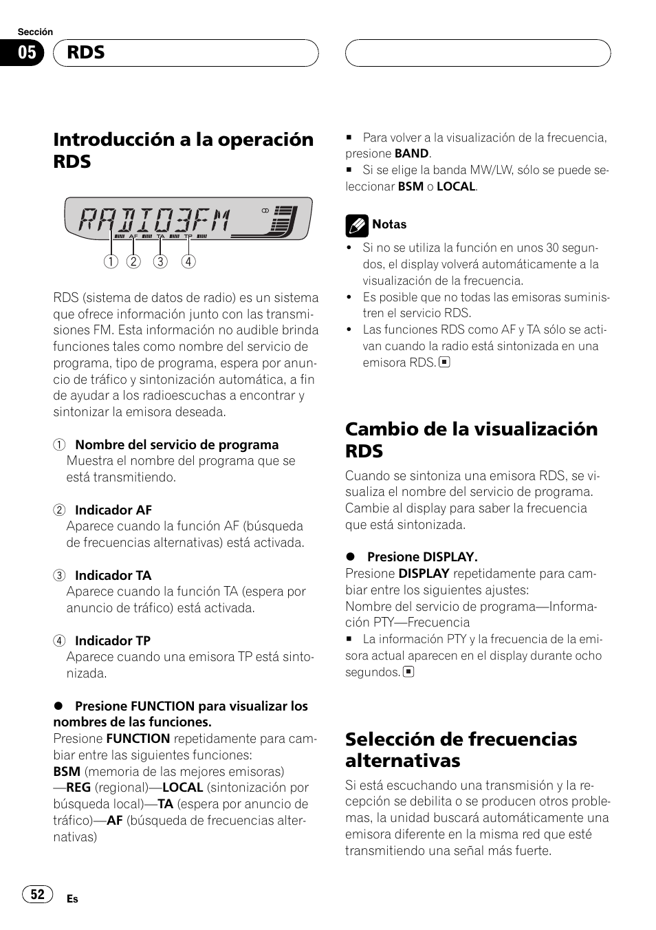 Introducción a la operación rds 52, Cambio de la visualización rds 52, Selección de frecuencias alternativas 52 | Introducción a la operación rds, Cambio de la visualización rds, Selección de frecuencias alternativas | Pioneer DEH-30MP User Manual | Page 52 / 88