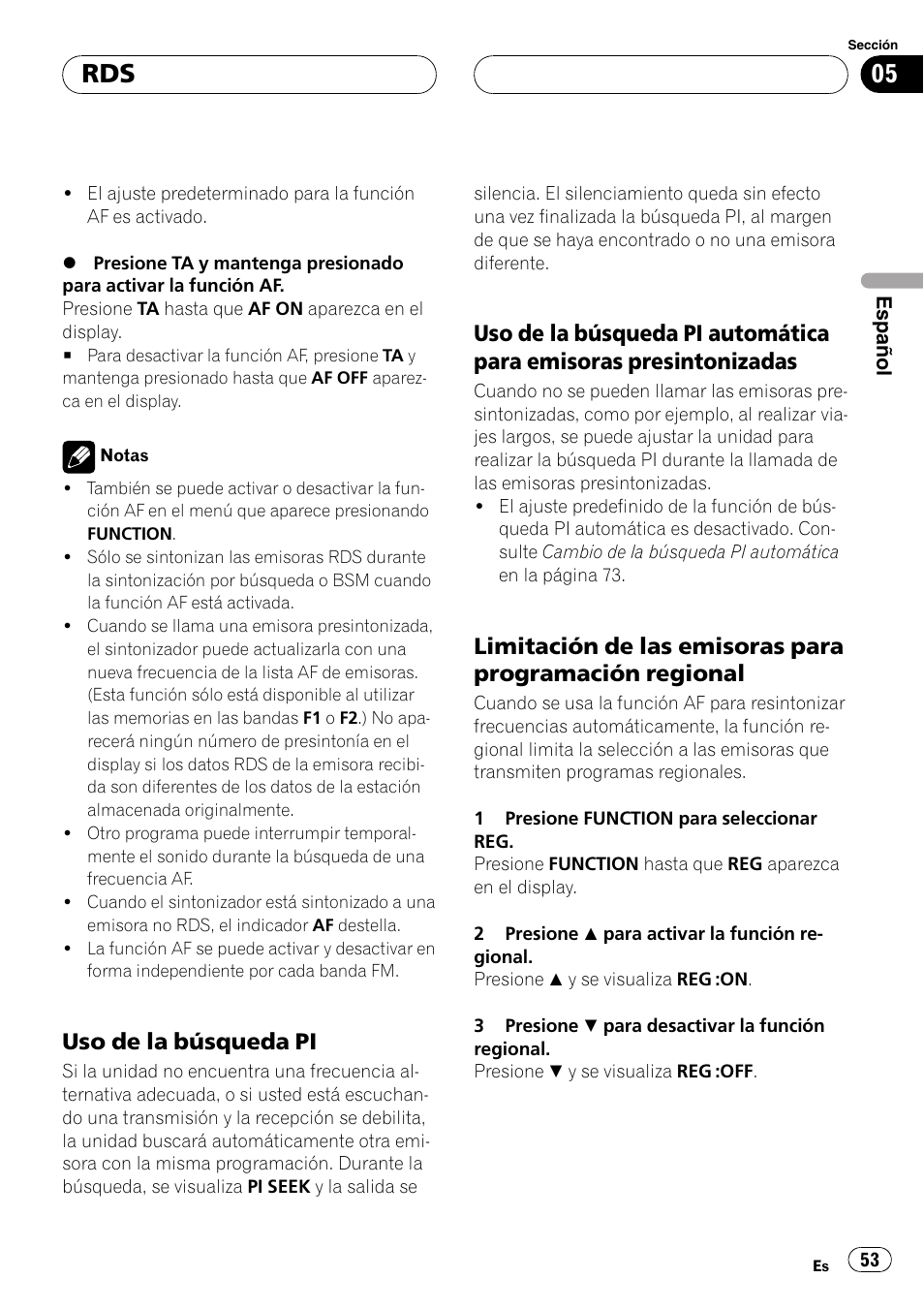 Uso de la búsqueda pi 53, Uso de la búsqueda pi automática, Para emisoras presintonizadas 53 | Limitación de las emisoras para, Programación regional 53, Uso de la búsqueda pi | Pioneer DEH-30MP User Manual | Page 53 / 88