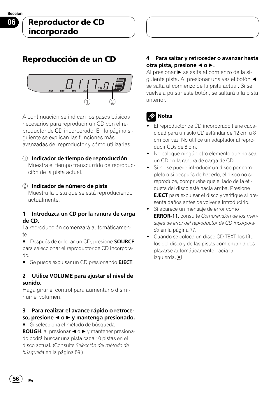 Reproductor de cd incorporado, Reproducción de un cd 56, Reproducción de un cd | Pioneer DEH-30MP User Manual | Page 56 / 88