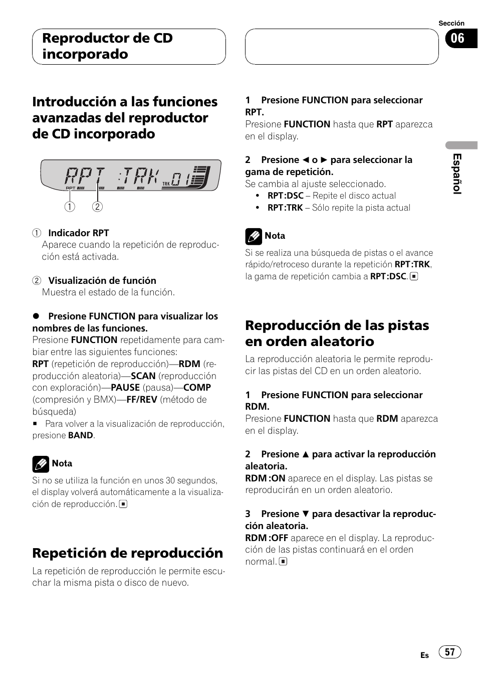 Introducción a las funciones avanzadas del, Reproductor de cd incorporado 57, Repetición de reproducción 57 | Reproducción de las pistas en orden, Aleatorio 57, Guiente, Repetición de reproducción, Reproducción de las pistas en orden aleatorio, Reproductor de cd incorporado | Pioneer DEH-30MP User Manual | Page 57 / 88