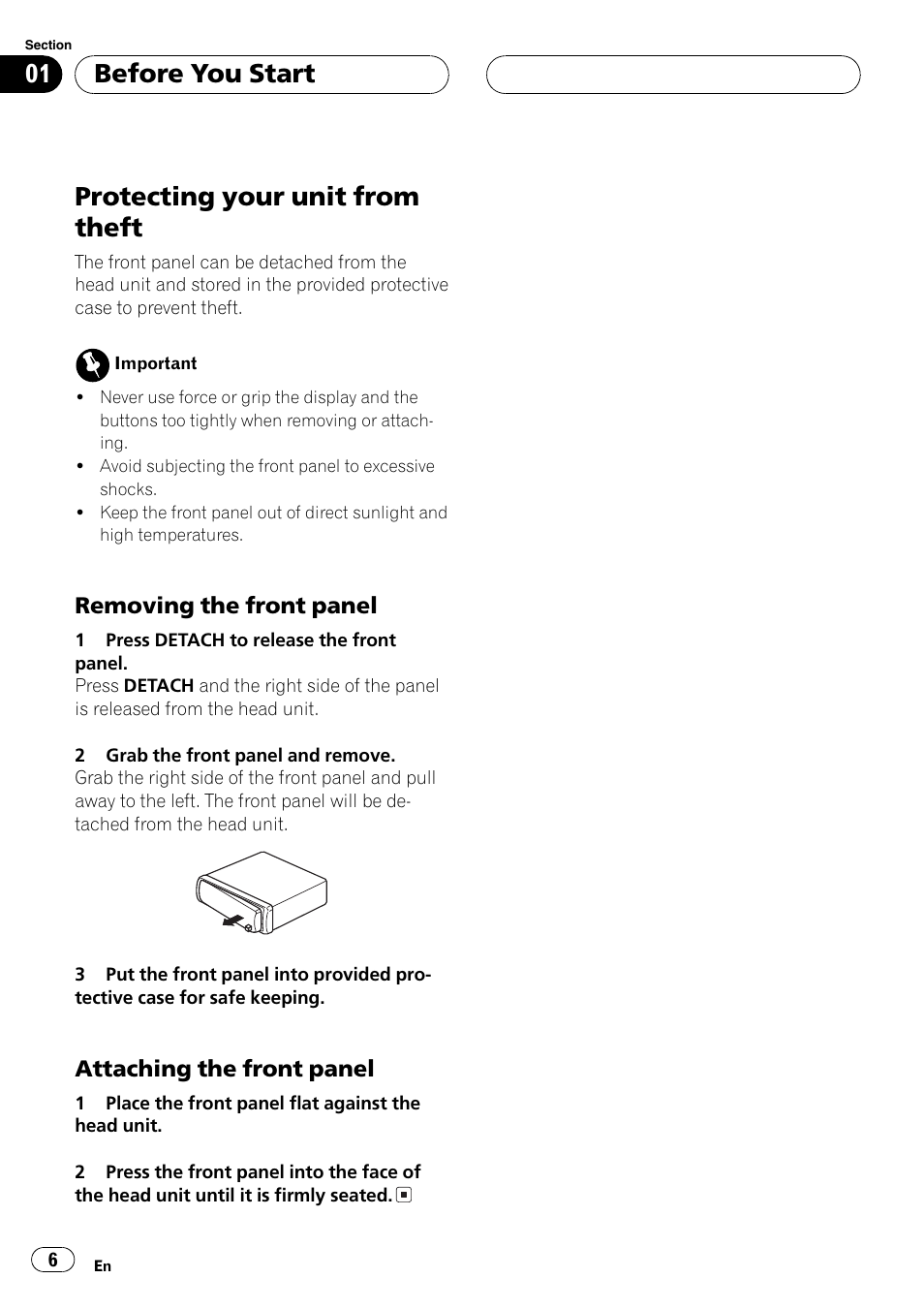 Protecting your unit from theft 6, Removing the front panel 6, Attaching the front panel 6 | Protecting your unit from theft, Before you start | Pioneer DEH-30MP User Manual | Page 6 / 88