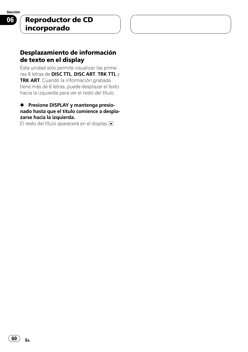 Desplazamiento de información de, Texto en el display 60, Reproductor de cd incorporado | Pioneer DEH-30MP User Manual | Page 60 / 88