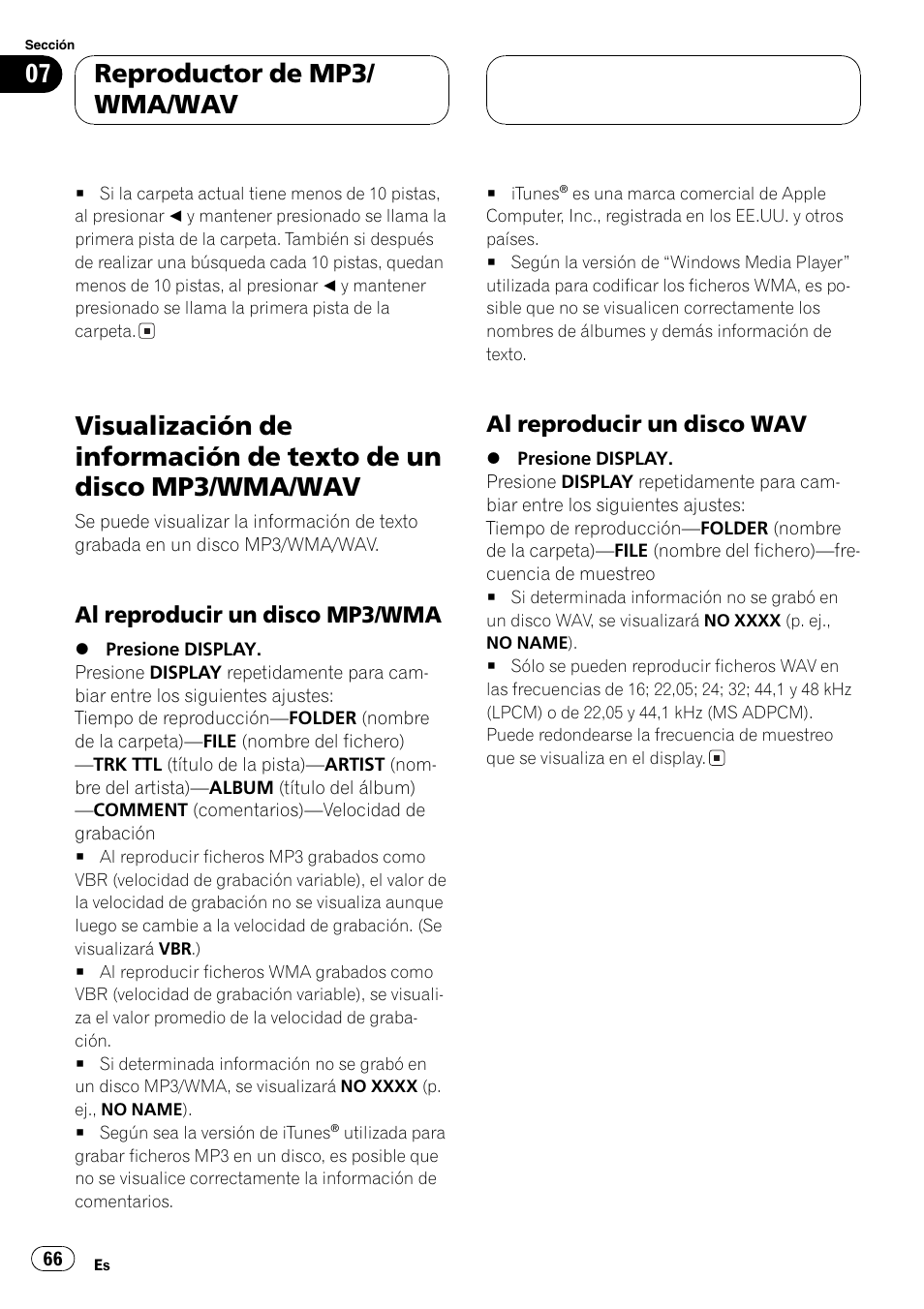 Visualización de información de texto de un, Disco mp3/wma/wav 66, Al reproducir un disco mp3/wma 66 | Al reproducir un disco wav 66, Reproductor de mp3/ wma/wav | Pioneer DEH-30MP User Manual | Page 66 / 88