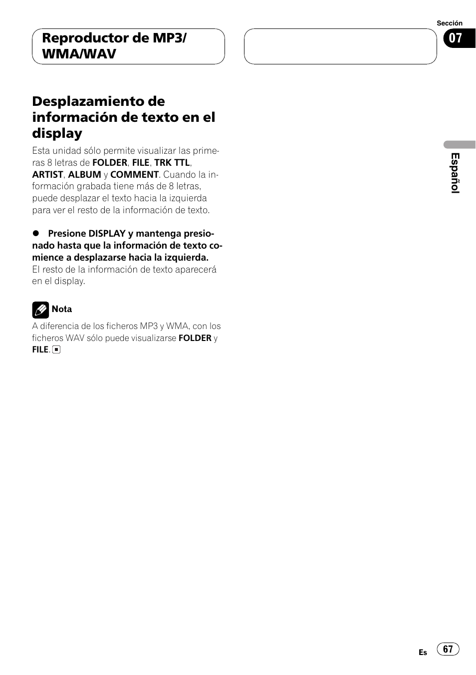 Desplazamiento de información de texto en, El display 67, Reproductor de mp3/ wma/wav | Pioneer DEH-30MP User Manual | Page 67 / 88