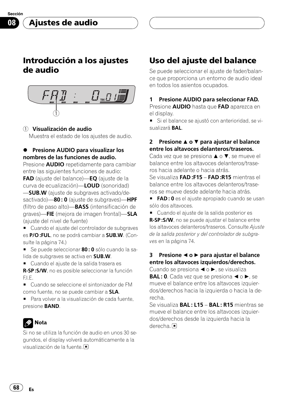 Ajustes de audio, Introducción a los ajustes de audio 68, Uso del ajuste del balance 68 | Introducción a los ajustes de audio, Uso del ajuste del balance | Pioneer DEH-30MP User Manual | Page 68 / 88