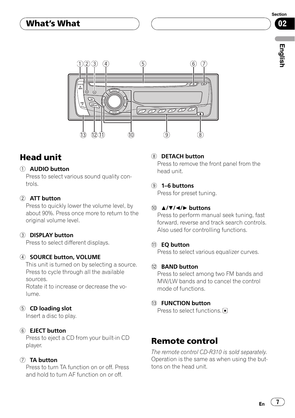 What  s what head unit 7 remote control 7, Headunit, Remote control | Whats what | Pioneer DEH-30MP User Manual | Page 7 / 88