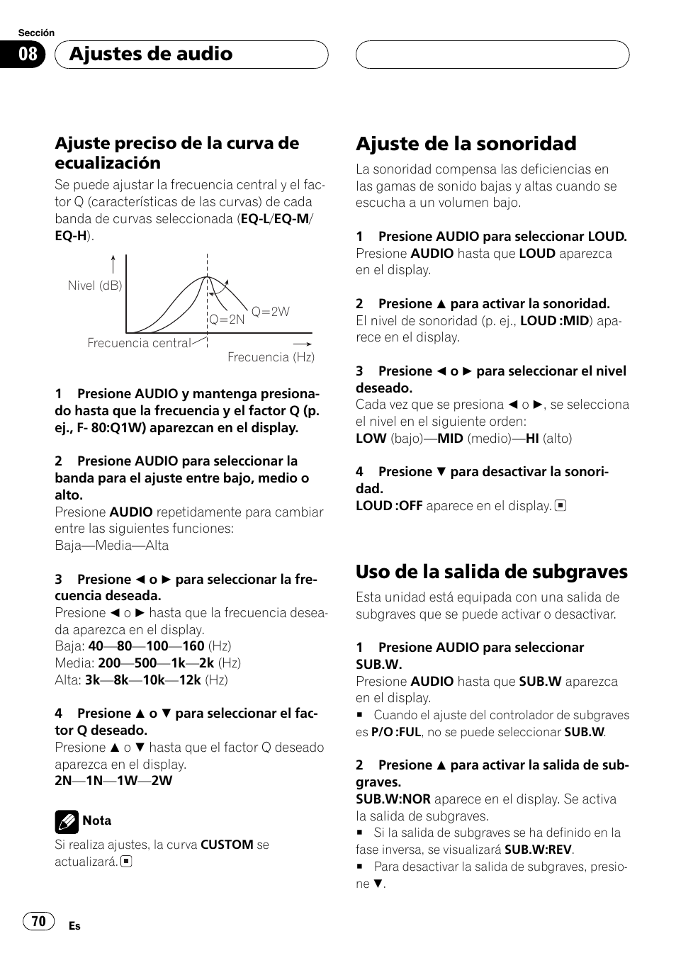 Ajuste preciso de la curva de, Ecualización 70, Ajuste de la sonoridad 70 | Uso de la salida de subgraves 70, Ajuste de la sonoridad, Uso de la salida de subgraves, Ajustes de audio, Ajuste preciso de la curva de ecualización | Pioneer DEH-30MP User Manual | Page 70 / 88