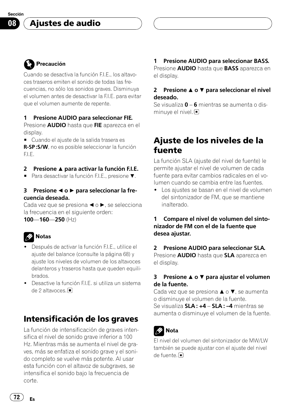 Intensificación de los graves 72, Ajuste de los niveles de la fuente 72, Intensificación de los graves | Ajuste de los niveles de la fuente, Ajustes de audio | Pioneer DEH-30MP User Manual | Page 72 / 88