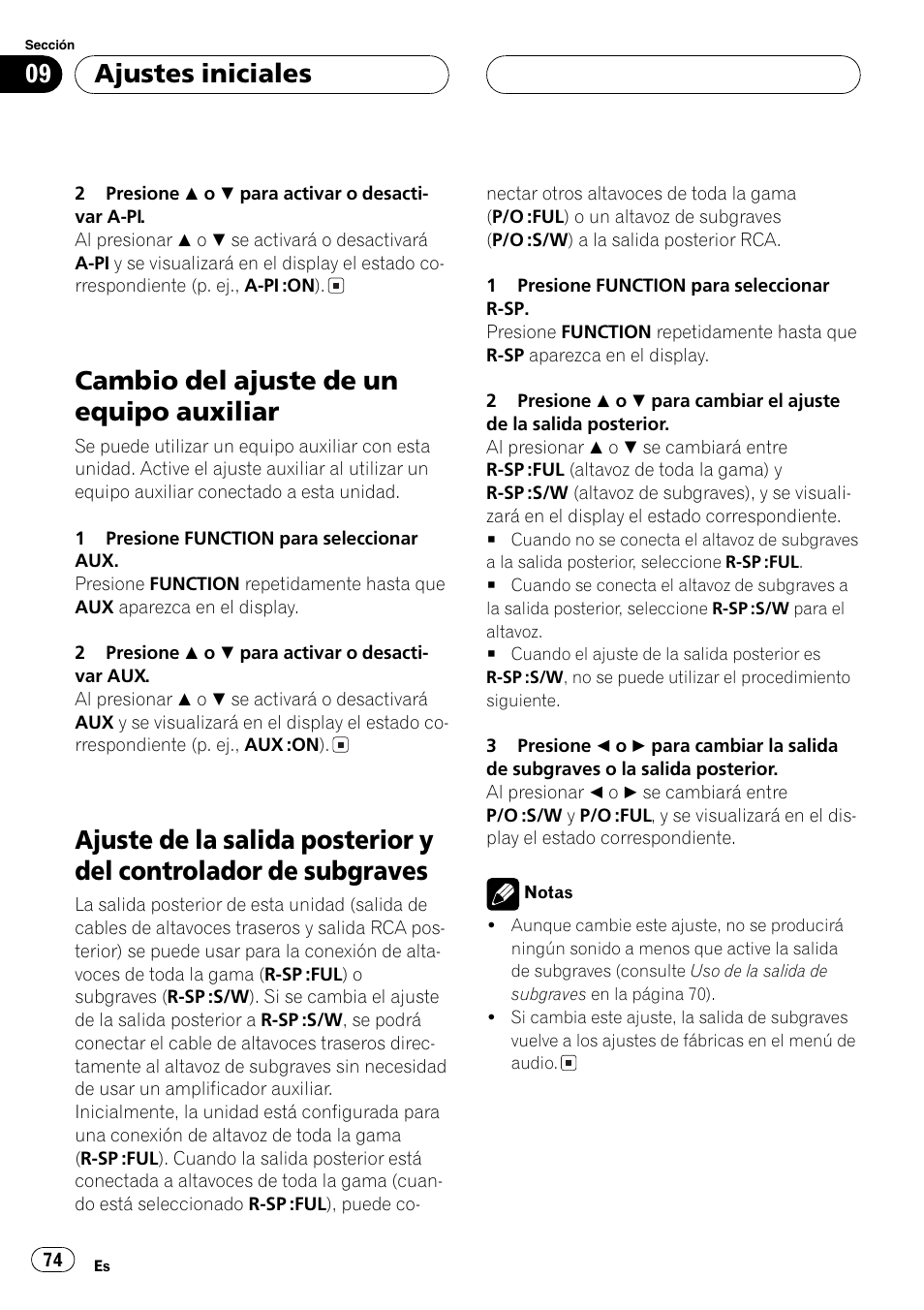 Cambio del ajuste de un equipo auxiliar 74, Ajuste de la salida posterior y del controlador, De subgraves 74 | Cambio del ajuste de un equipo auxiliar, Ajustes iniciales | Pioneer DEH-30MP User Manual | Page 74 / 88