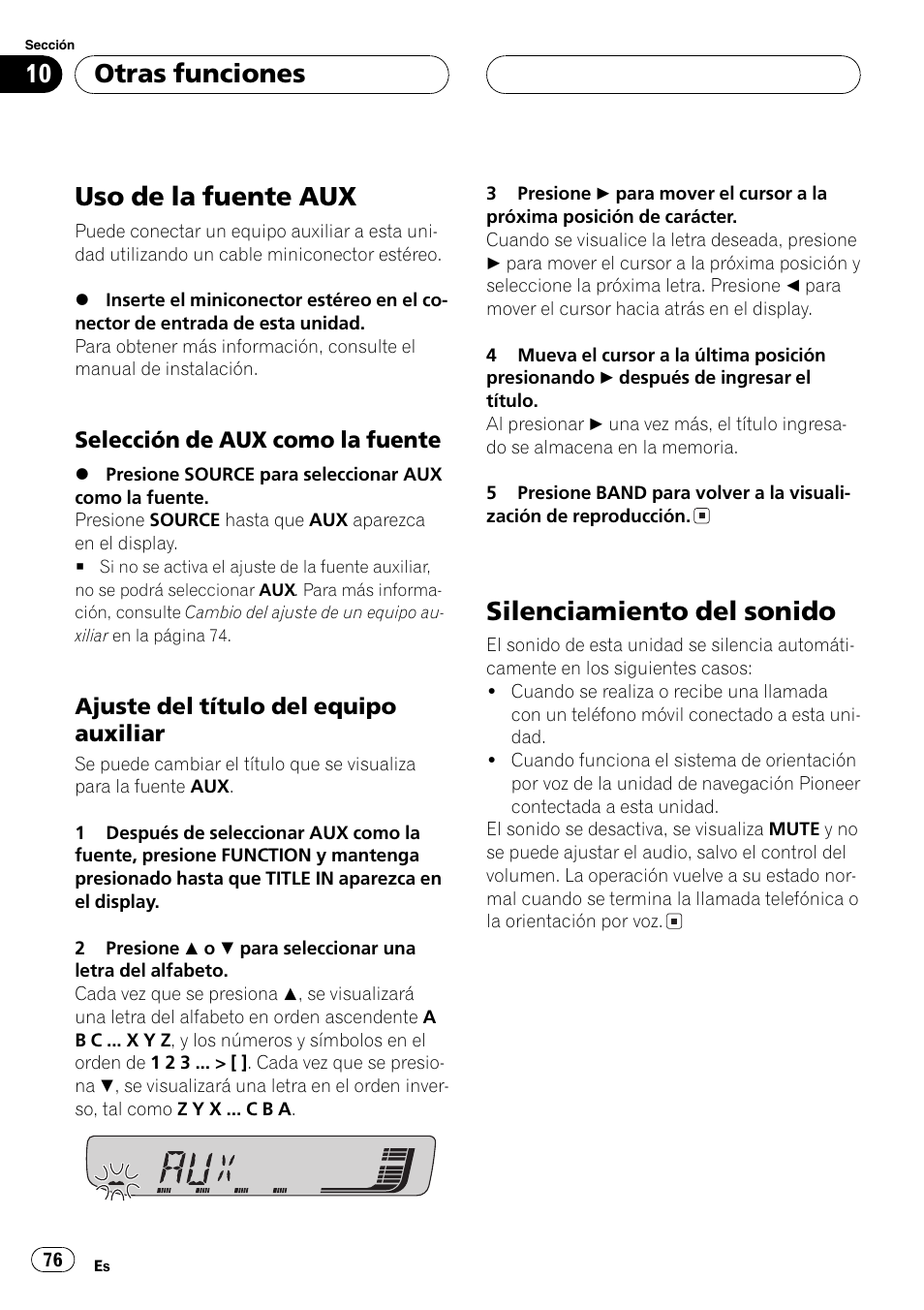 Otras funciones, Uso de la fuente aux 76, Selección de aux como la fuente 76 | Ajuste del título del equipo, Auxiliar 76, Silenciamiento del sonido 76, Uso de la fuente aux, Silenciamiento del sonido | Pioneer DEH-30MP User Manual | Page 76 / 88
