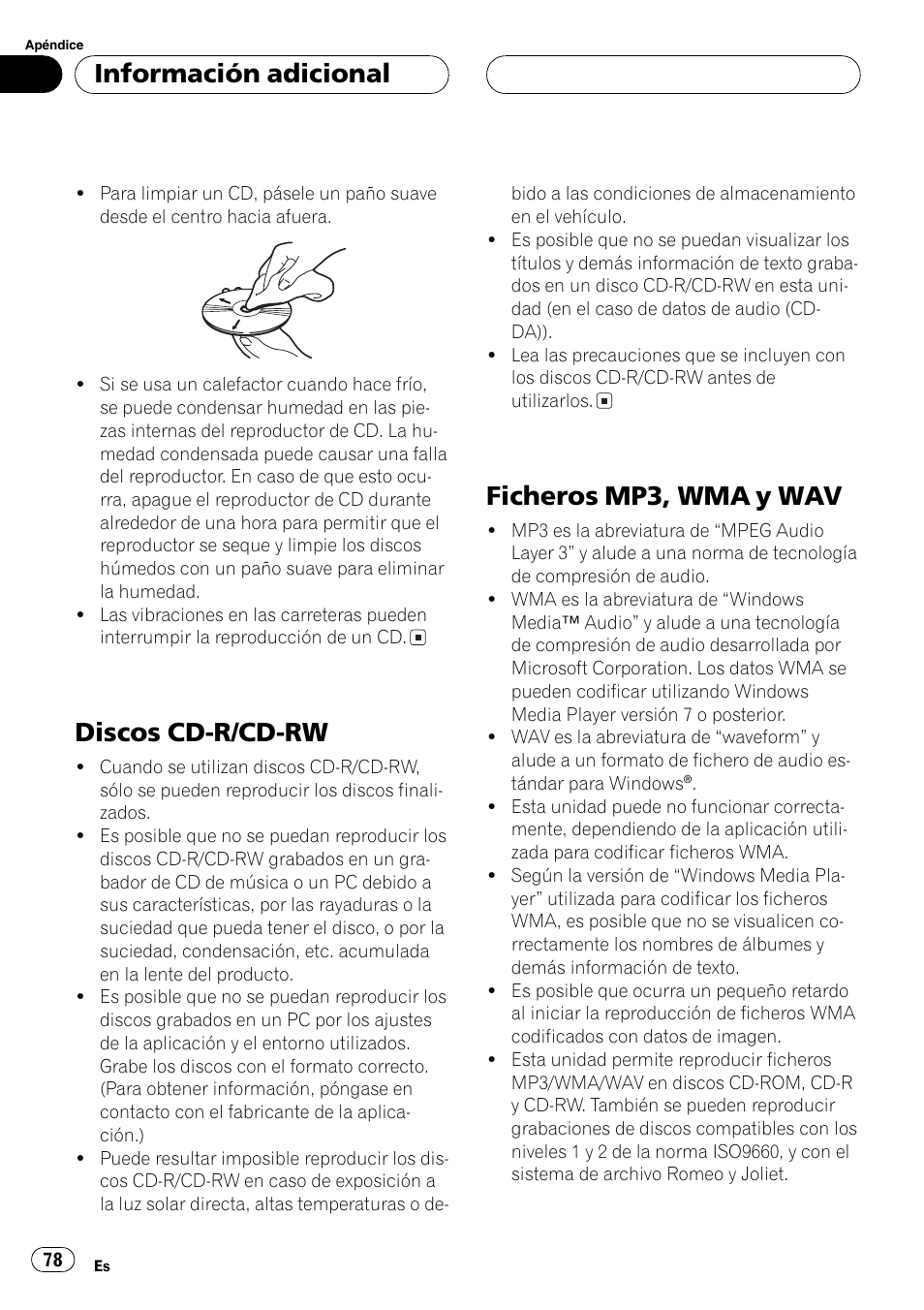 Discos cd-r/cd-rw 78, Ficheros mp3, wma y wav 78, Discos cd-r/cd-rw | Ficheros mp3, wma y wav, Información adicional | Pioneer DEH-30MP User Manual | Page 78 / 88