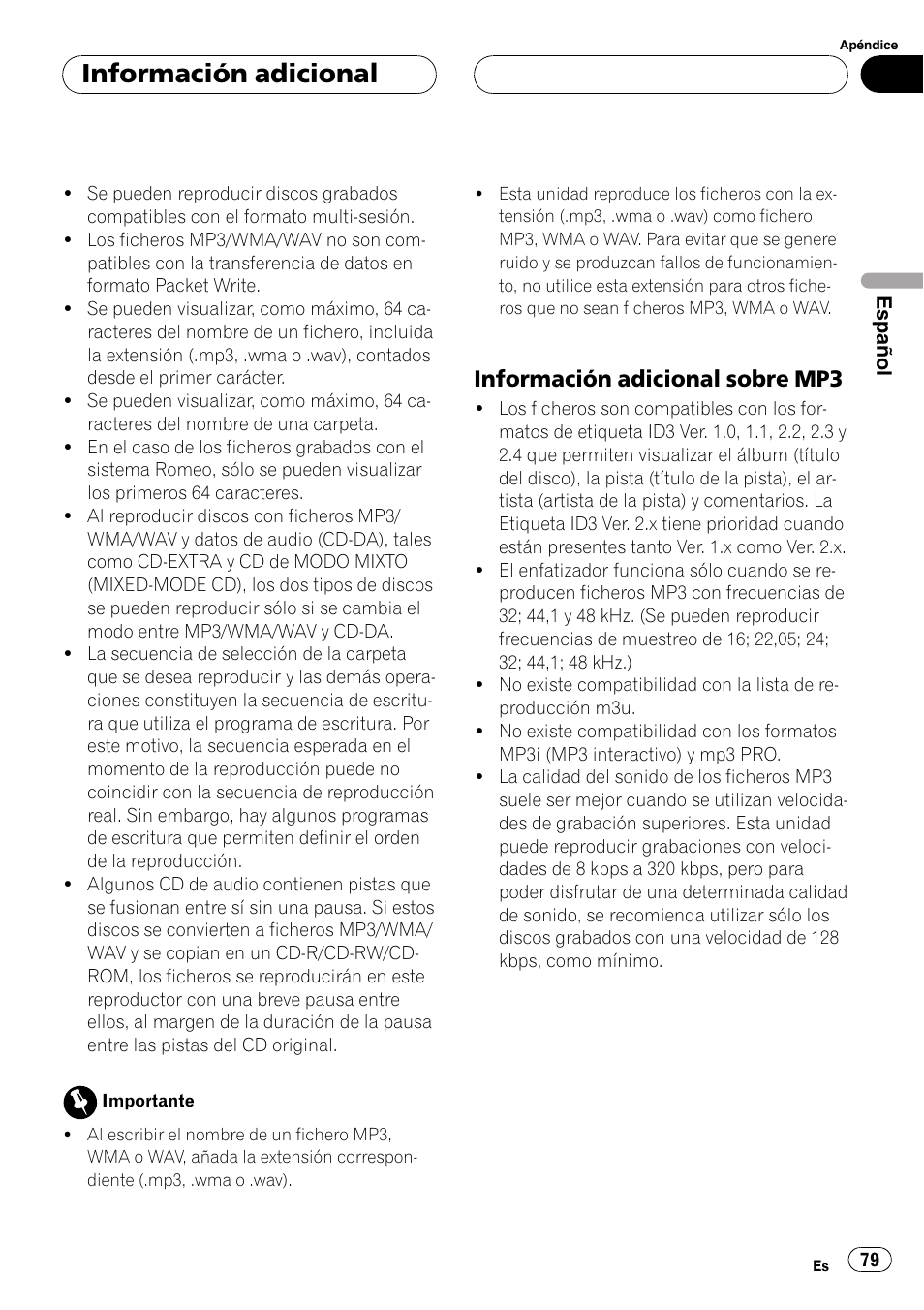 Información adicional sobre mp3 79, Información adicional, Información adicional sobre mp3 | Pioneer DEH-30MP User Manual | Page 79 / 88